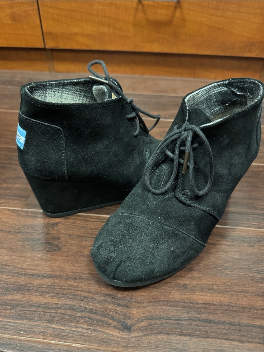 Toms Black Suede Lace-Up Wedge Booties